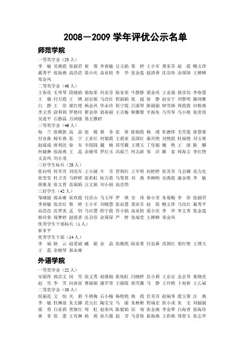 2008-2009学年评优公示名单