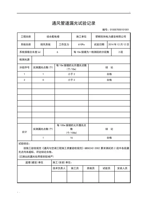 通风管道试验记录漏光