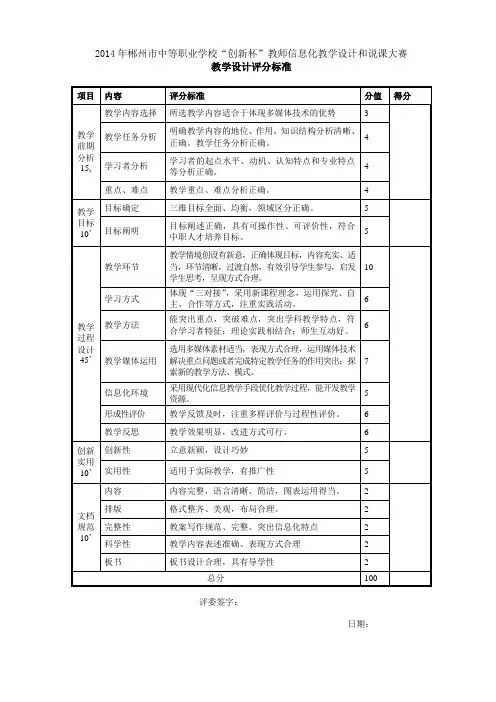 2014年全国中职学“创新杯”教师信息化教学设计和说课大赛评分标准
