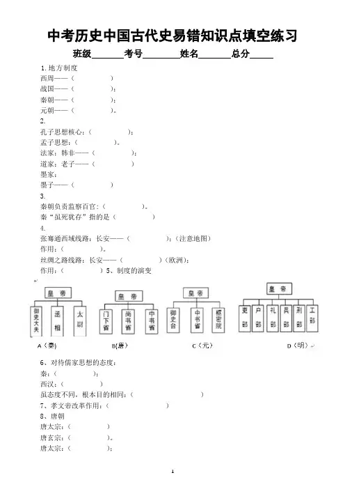 初中历史部编版中考中国古代史常考易错知识点填空汇总练习(附参考答案)