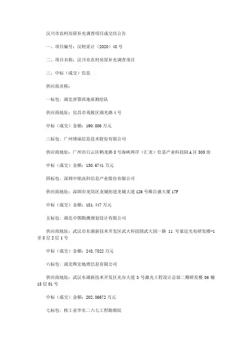 汉川市农村房屋补充调查项目成交结公告