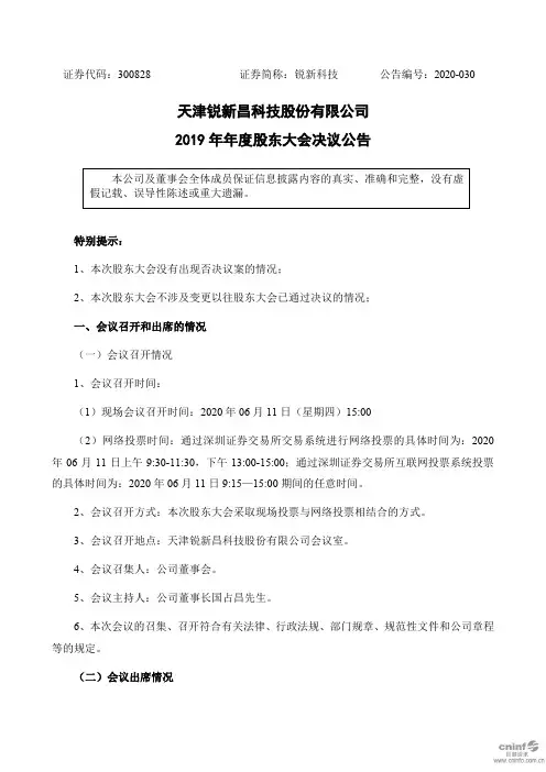 锐新科技：2019年年度股东大会决议公告