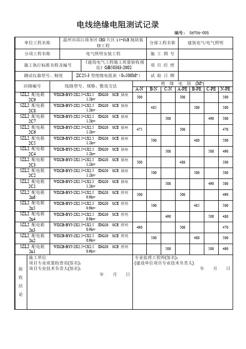 电线绝缘电阻测试记录