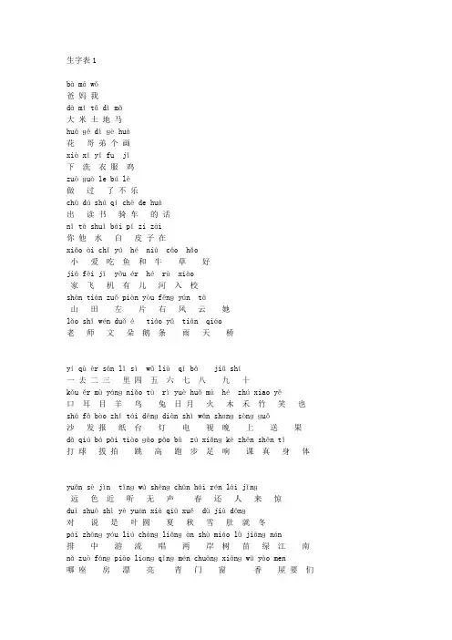 人教版小学一年级语文上册生字表(含拼音)