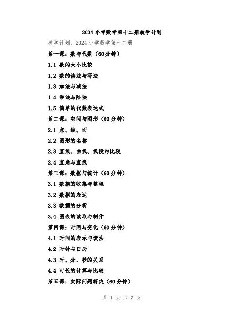 2024小学数学第十二册教学计划