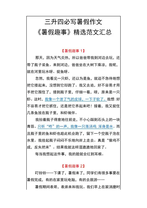 三升四必写暑假作文 《暑假趣事》精选范文汇总