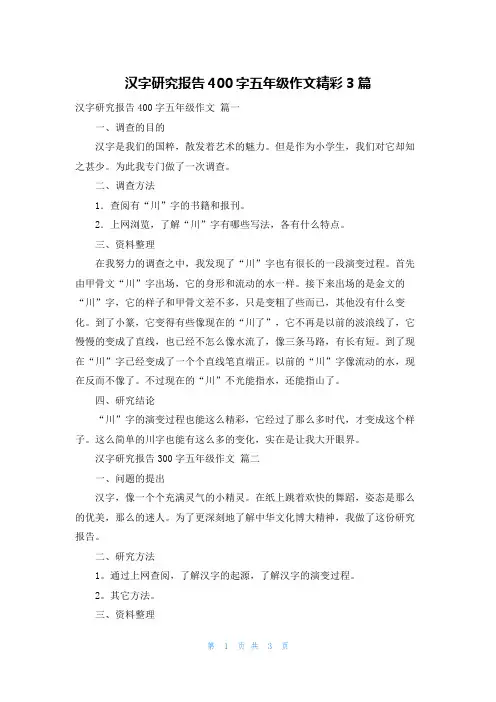 汉字研究报告400字五年级作文精彩3篇