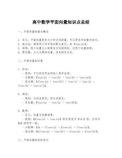 高中数学平面向量知识点总结