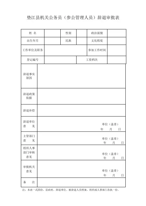 垫江县机关公务员(参公管理人员)辞退审批表