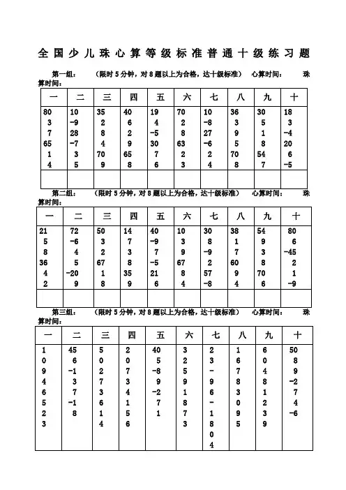 全国少儿珠心算等级标准普通十级练习题