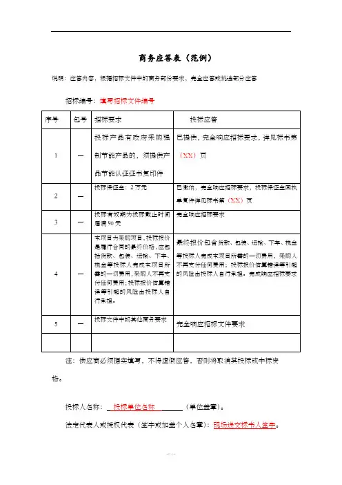 投标文件之商务应答表范例