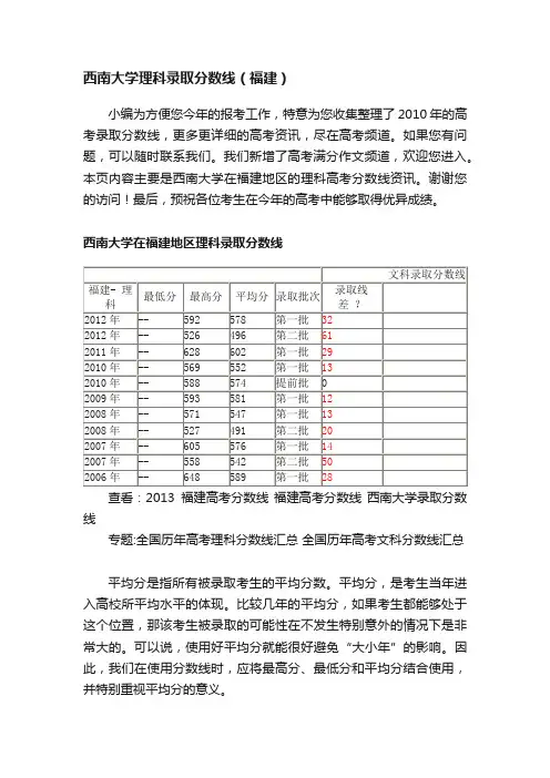 西南大学理科录取分数线（福建）
