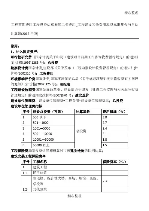工程前期费用工程投资估算概算二类费用工程建设其他费用取费标准集合与自动计算器版