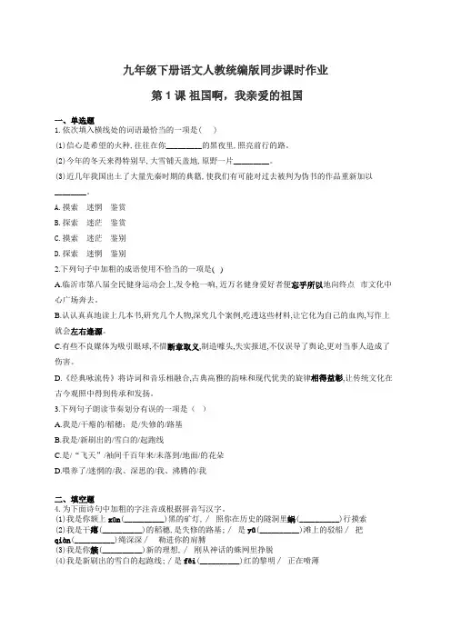 九年级下册语文人教统编版同步课时作业 第1课 祖国啊,我亲爱的祖国(有答案)