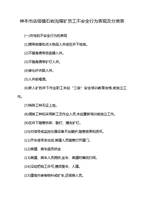 神本市店塔镇石岩沟煤矿员工不安全行为表现及分类表