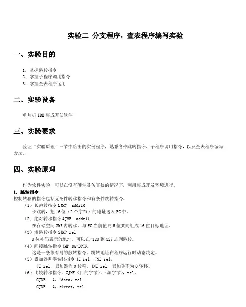 实验二 分支程序,查表程序编写实验