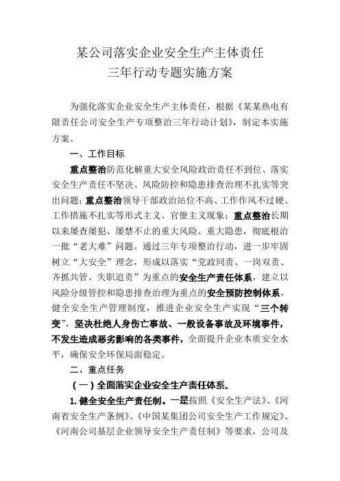 电厂落实企业安全生产主体责任三年行动专题实施方案
