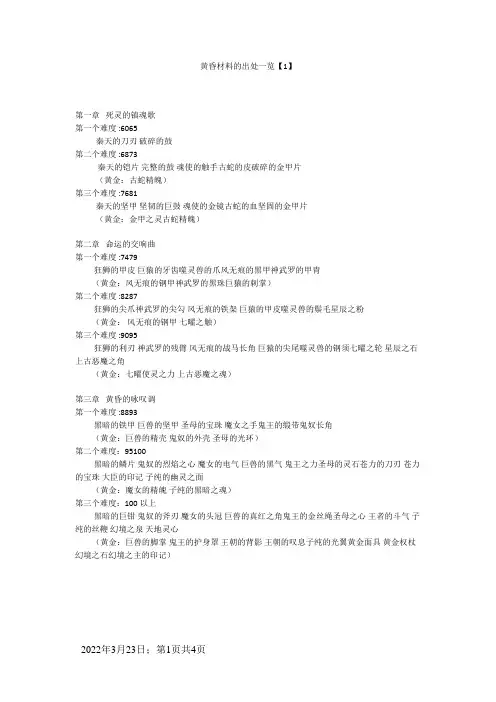 完美国际黄昏装备及材料出处大全