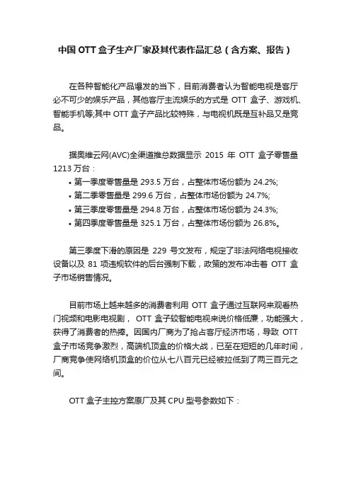 中国OTT盒子生产厂家及其代表作品汇总（含方案、报告）