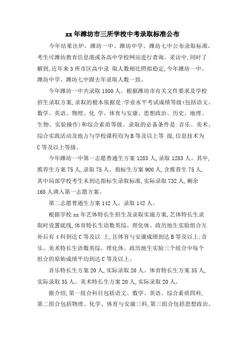 潍坊市三所学校中考录取标准公布