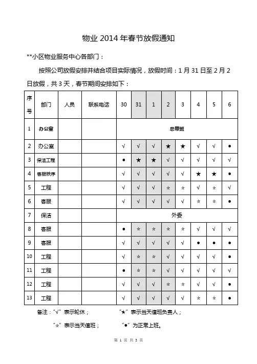 物业2014年春节放假值班通知