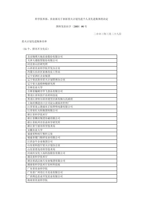 科学技术部、农业部关于表彰星火计划先进个人及先进集体的决定