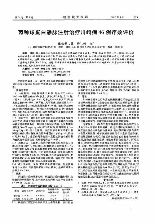 丙种球蛋白静脉注射治疗川崎病46例疗效评价