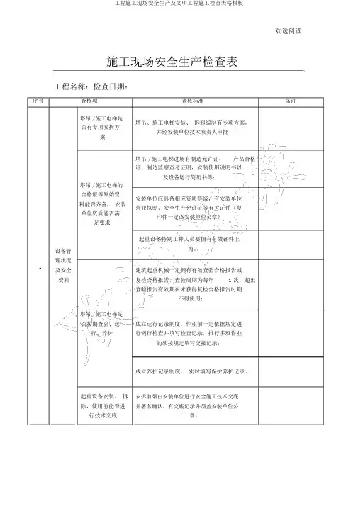 工程施工现场安全生产及文明工程施工检查表格模板