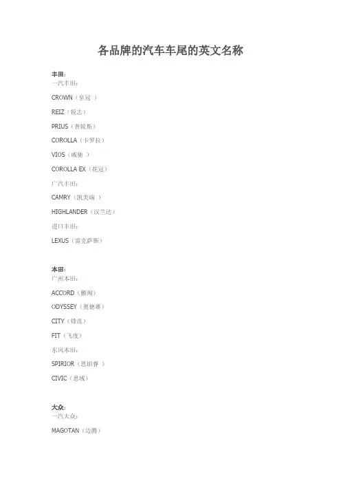 各品牌的汽车车尾的英文名称