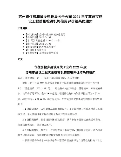 苏州市住房和城乡建设局关于公布2021年度苏州市建设工程质量检测机构信用评价结果的通知