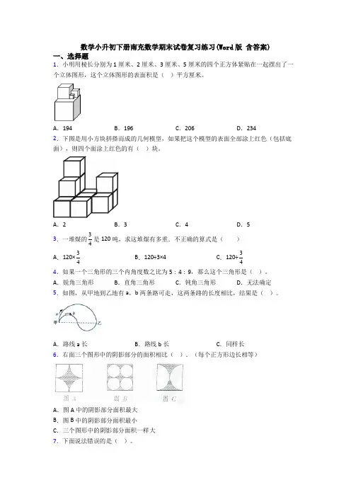 数学小升初下册南充数学期末试卷复习练习(Word版 含答案)
