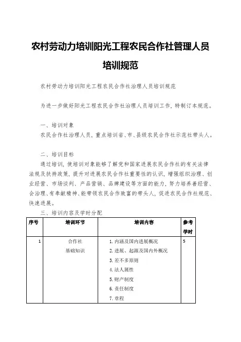 农村劳动力培训阳光工程农民合作社管理人员培训规范