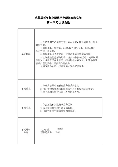 苏教版五年级上册数学全册教案表格版