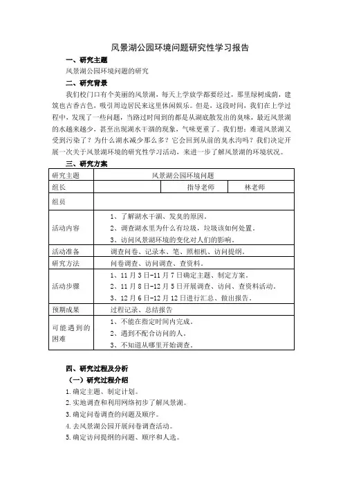 风景湖公园环境问题研究性学习报告分析