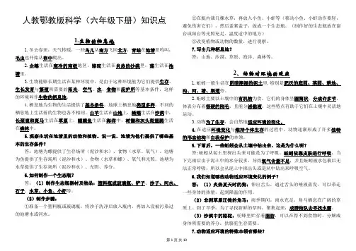 人教鄂教版科学(六年级下册)全册知识点(2023年春)