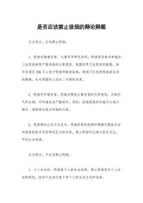 是否应该禁止吸烟的辩论辩题