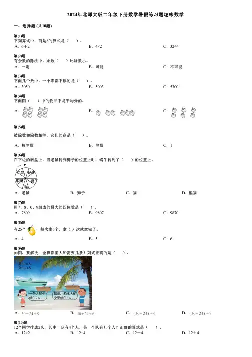 2024年北师大版二年级下册数学暑假练习题趣味数学