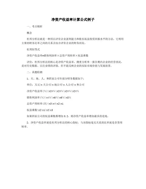 净资产收益率计算公式例子