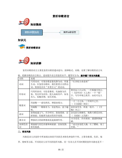 2021年全国高考语文人教新版特色专题：赏析诗歌语言-(讲义教师版)