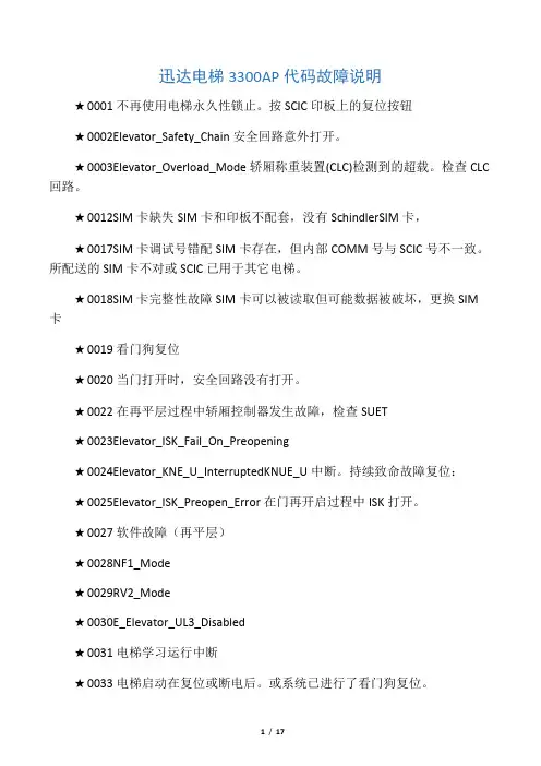 迅达电梯3300AP代码故障说明