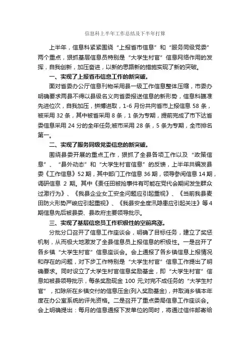 信息科上半年工作总结及下半年打算_工作总结范文_