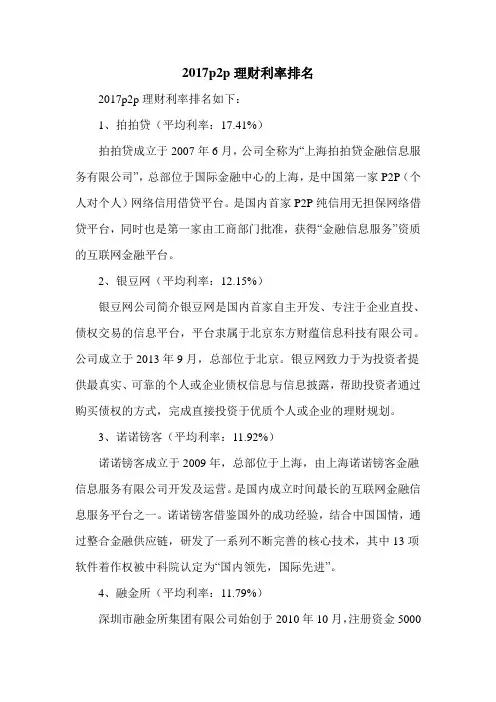 2017p2p理财利率排名