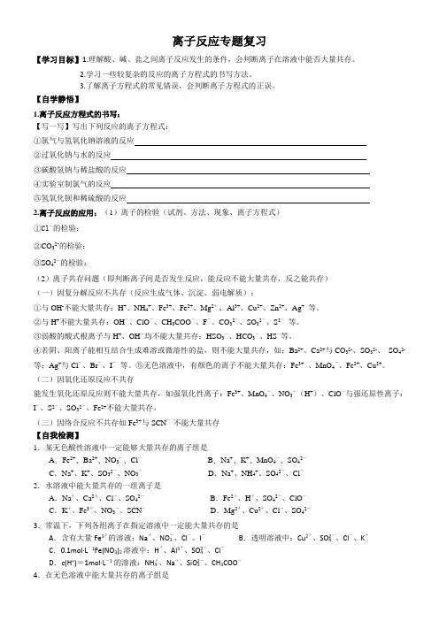 必修一离子反应专题复习----离子共存、离子检验、离子反应方程式