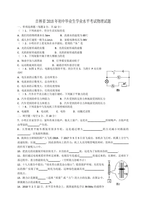 吉林省2018年中考物理试题(word版,有答案)