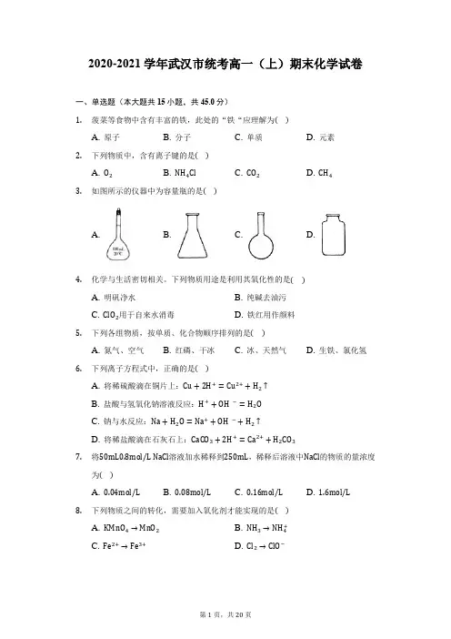 2020-2021学年武汉市统考高一(上)期末化学试卷(附详解)