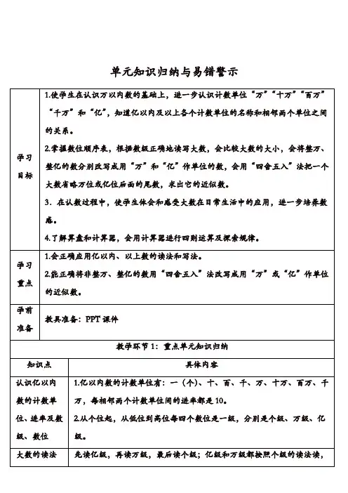 人教版小学数学四年级上册  大数的认识：单元知识归纳与易错警示【精品】