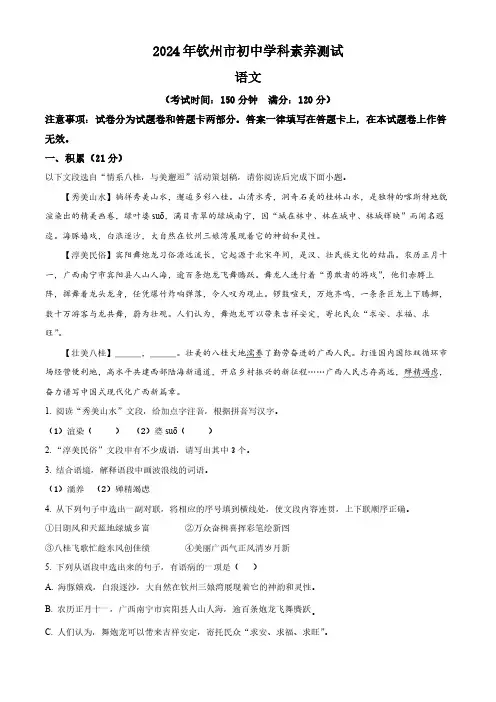2024年广西壮族自治区钦州市中考一模语文试题(原卷版)