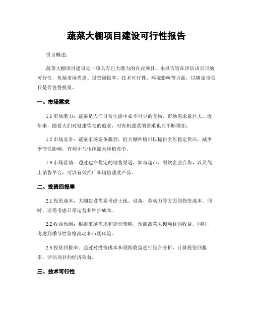 蔬菜大棚项目建设可行性报告