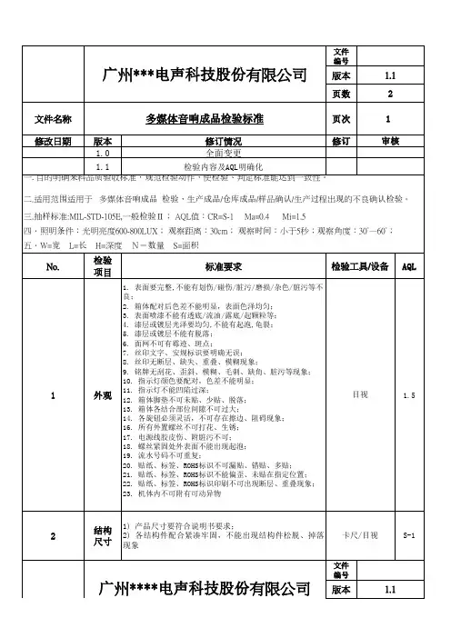 多媒体音响成品检验标准 