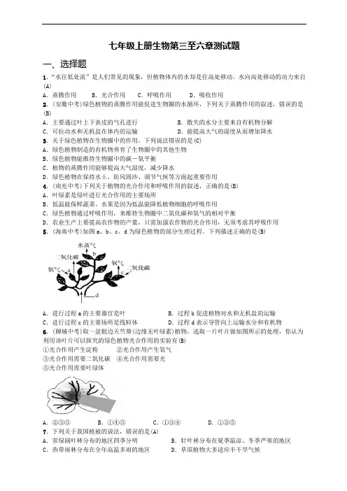 人教版七年级上册生物第三至六章测试题(含答案)